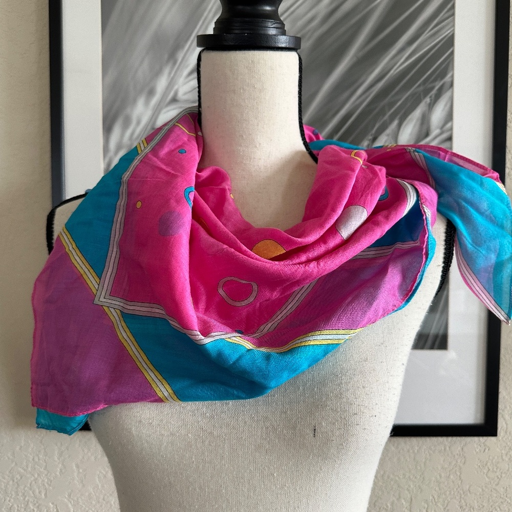 Vintage Ginnie Johansen Large Bold Pink & Turquoise  Dots Cotton Scarf